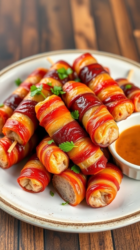 Crispy Bacon-Wrapped Kielbasa in Air Fryer Crispy bacon-wrapped kielbasa pieces on a plate with parsley and dipping sauce.